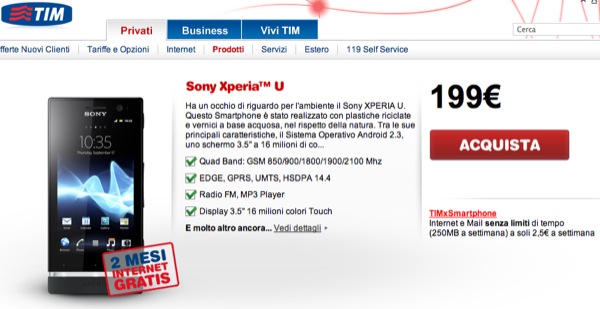 Sony Xperia U: Da oggi nel listino TIM