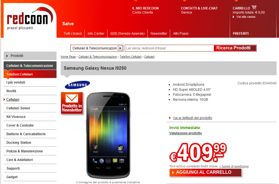 Galaxy Nexus a 409 € da Redcoon